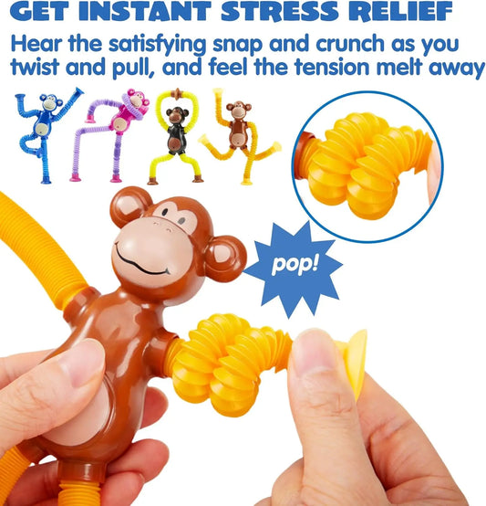 KTX-999315 Cute Big Ear Monkey Squeeze Fidget Toy - Pop Tubes Ideal for Kids 5+