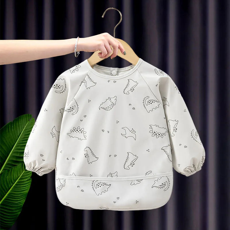 KTX-933651 Autumn Winter Kids Long-Sleeved Blouse New Arrival Full Body Waterproof PU Baby Apron Outwear with Snap Buttons Baby Bibs