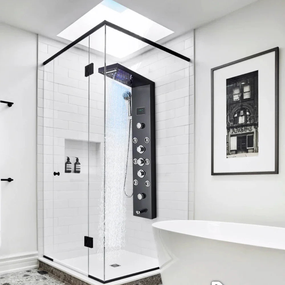 KTX-786259 5-in-1 Black Stainless Steel Multifunction Rain Shower System with Body Spray Head