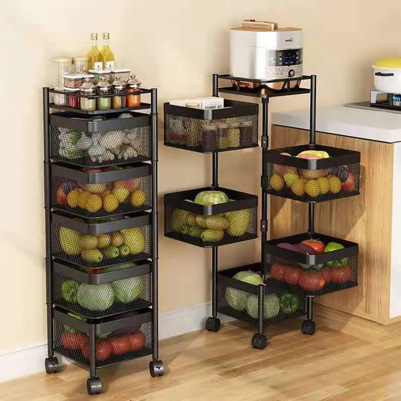 KTX-712531 Five-Layer Metal Kitchen Organizer with Detachable Wheels and Four-Layer Fruit & Vegetable Storage Baskets