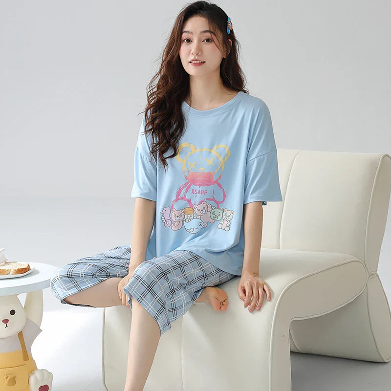KTX-477203 Women's Cotton Short-sleeved Seven-point Pants Summer Home Service Suit Women's Loose Hedging Cartoon Pajamas