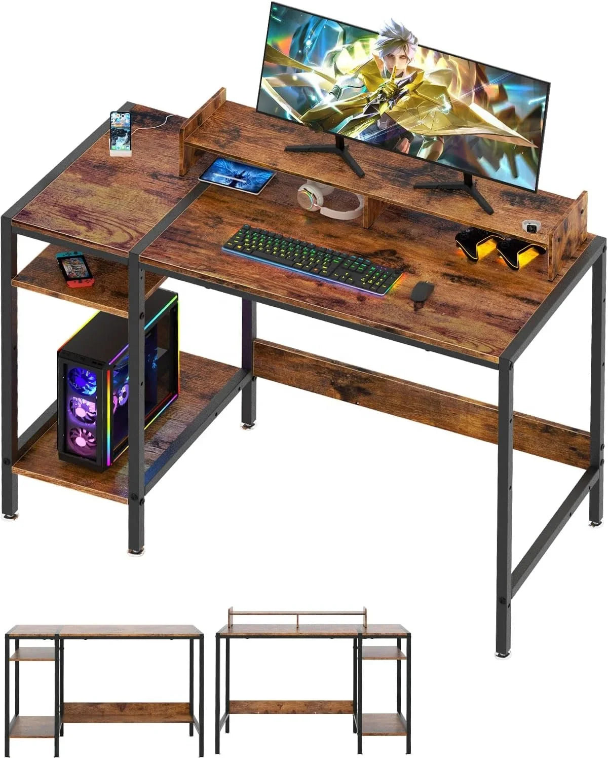 KTX-087763 Adjustable Gaming Computer Desk with Monitor Stand and Storage Solutions