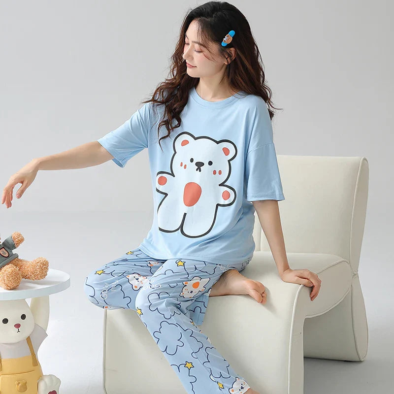 KTX-067027 New Thin Pajamas Casual Loose Short-sleeved Trousers Suit Summer Outerwear Cotton Home Service