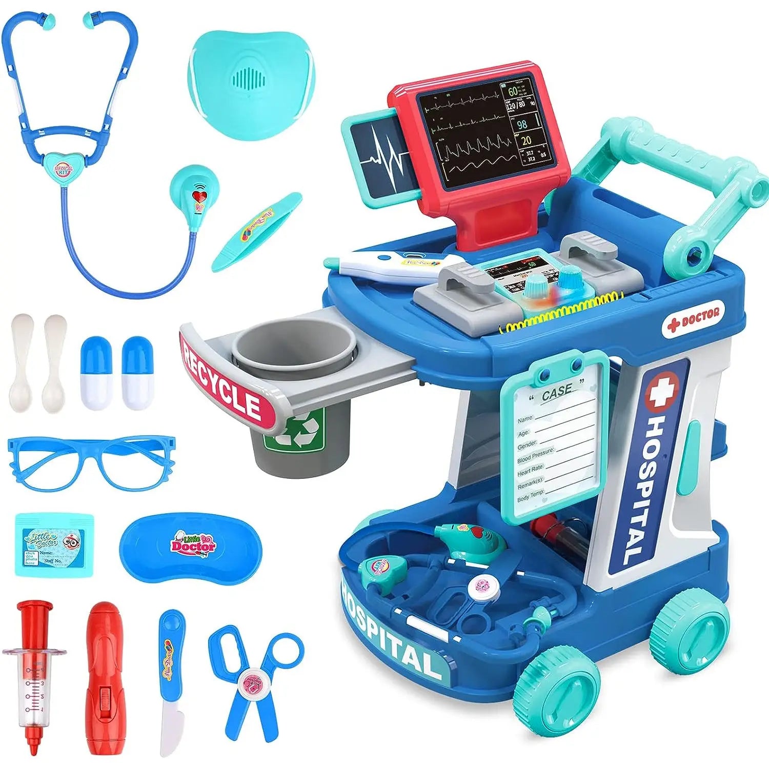 KTX-229843 Kids Doctor Play Set - Pretend Play Medical Trolley for Ages 2 to 13 Years - Plastic Components
