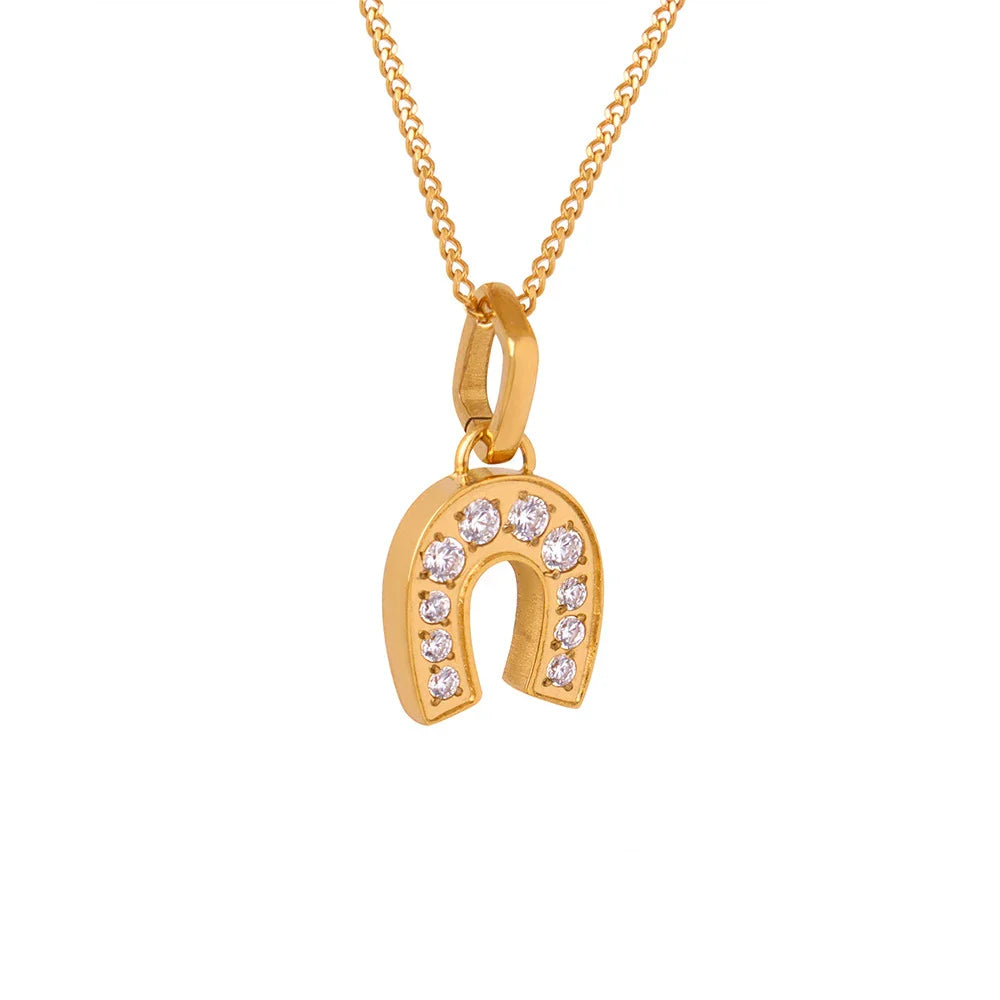 KTX-199251 18K Gold Plated Hypoallergenic Trendy Gold Plated Jewelry 2024 Fashion Cuban Link Chain Zircon Horseshoe Pendant Necklace