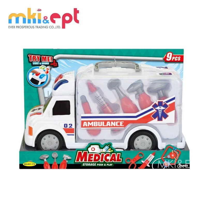 KTX-720211 Cartoon Musical Ambulance Toy Car with Medical Kit for Kids Ages 2-13