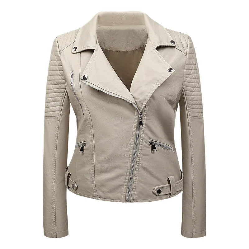 KTX-143763 PU Leather Jacket for Women Korean Version Slim Fit Harajuku Style Spring Short Flip Collar Motorcycle Jacket Clothing