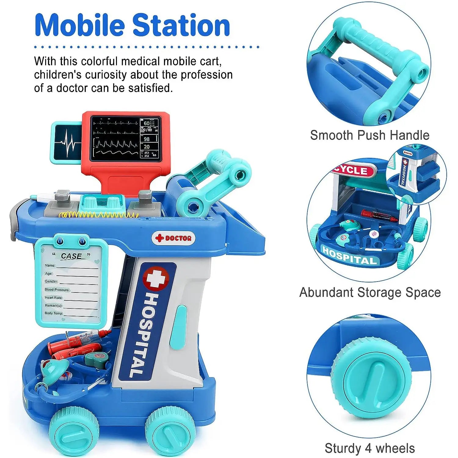 KTX-229843 Kids Doctor Play Set - Pretend Play Medical Trolley for Ages 2 to 13 Years - Plastic Components