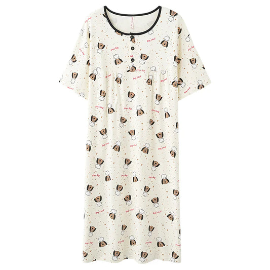 KTX-296403 New Buttons Thin Less Ladies Cotton Pajamas Summer Round Neck Short-sleeved Cartoon Women's Nightgown