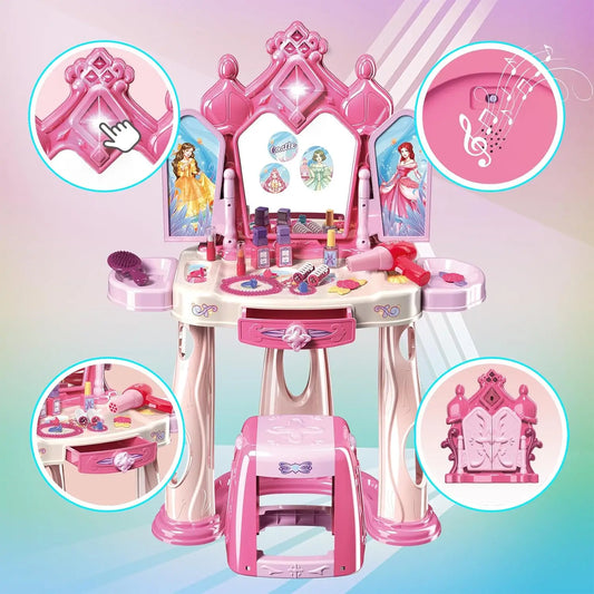 KTX-621907 Pretend Play Makeup Table Set for Girls with Lights, Music, and Openable Doors - Includes Stool