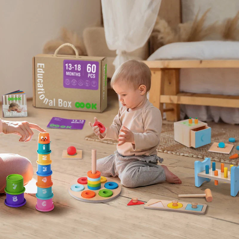 KTX-074515 Montessori Wooden Building Blocks and Hammer Pounding Toy Educational Play Set