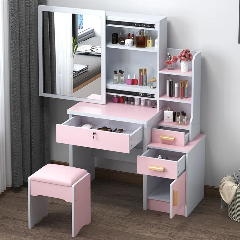KTX-432403 Wooden Makeup Desk Vanity Set with Cushioned Stool and Round Mirror