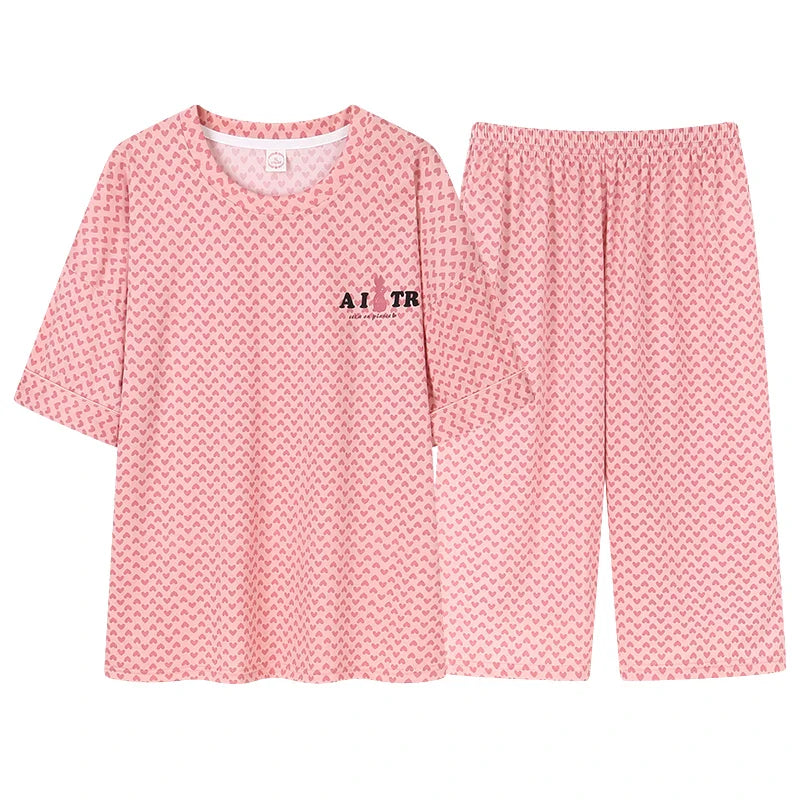 KTX-673811 New Arrival 2 Sets Short Sleeve Seven-point Pants Thin Sweetness Cute Sleepwear Women's Cotton Pajamas