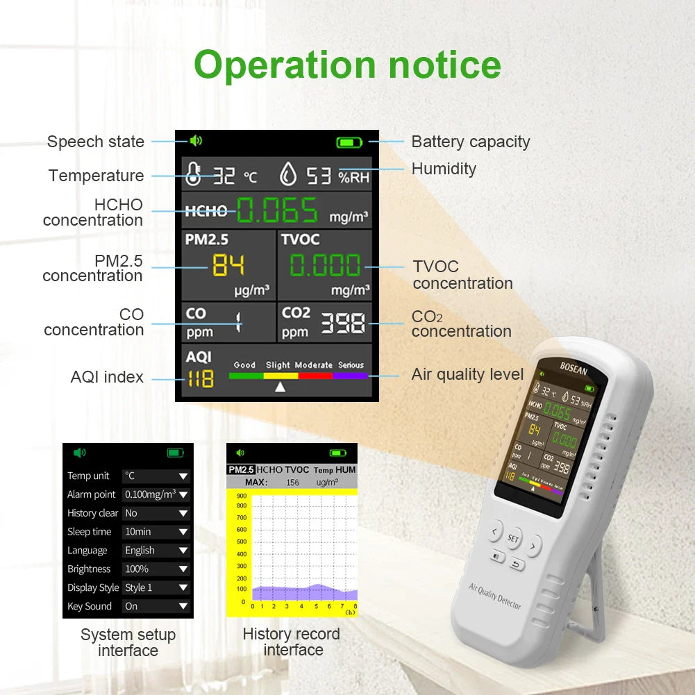 KTX-995539 Multi Gas Air Quality Detector with PM2.5, PM10, HCHO, TVOC, Temperature & Humidity Analysis