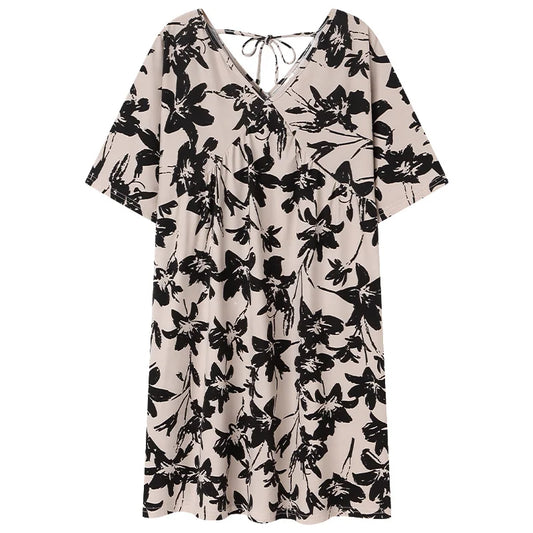 KTX-361939 Nightgown for Women Loose Sleepwear V Neck Pajama Dress Soft Nightshirt Short Sleeves Nightdress Print High-end Dresses