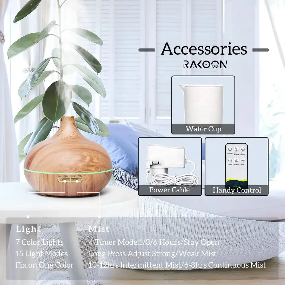 KTX-291603 500ml Remote Control Aromatherapy Essential Oil Diffuser with Air Humidifier and Electric Wooden Design