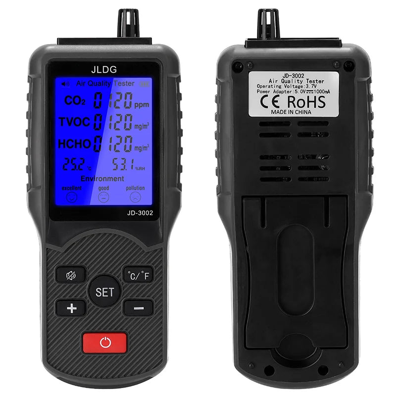 KTX-945811 Air Quality Tester with LCD - CO2, TVOC, HCHO Meter, Thermometer, and Humidity Monitor with Lithium Battery