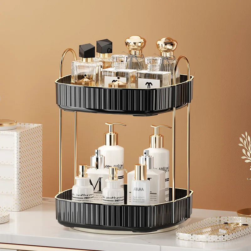 KTX-991635 Two-Layer Rotating Home Storage Organizer Rack in Cream White and Elegant Black