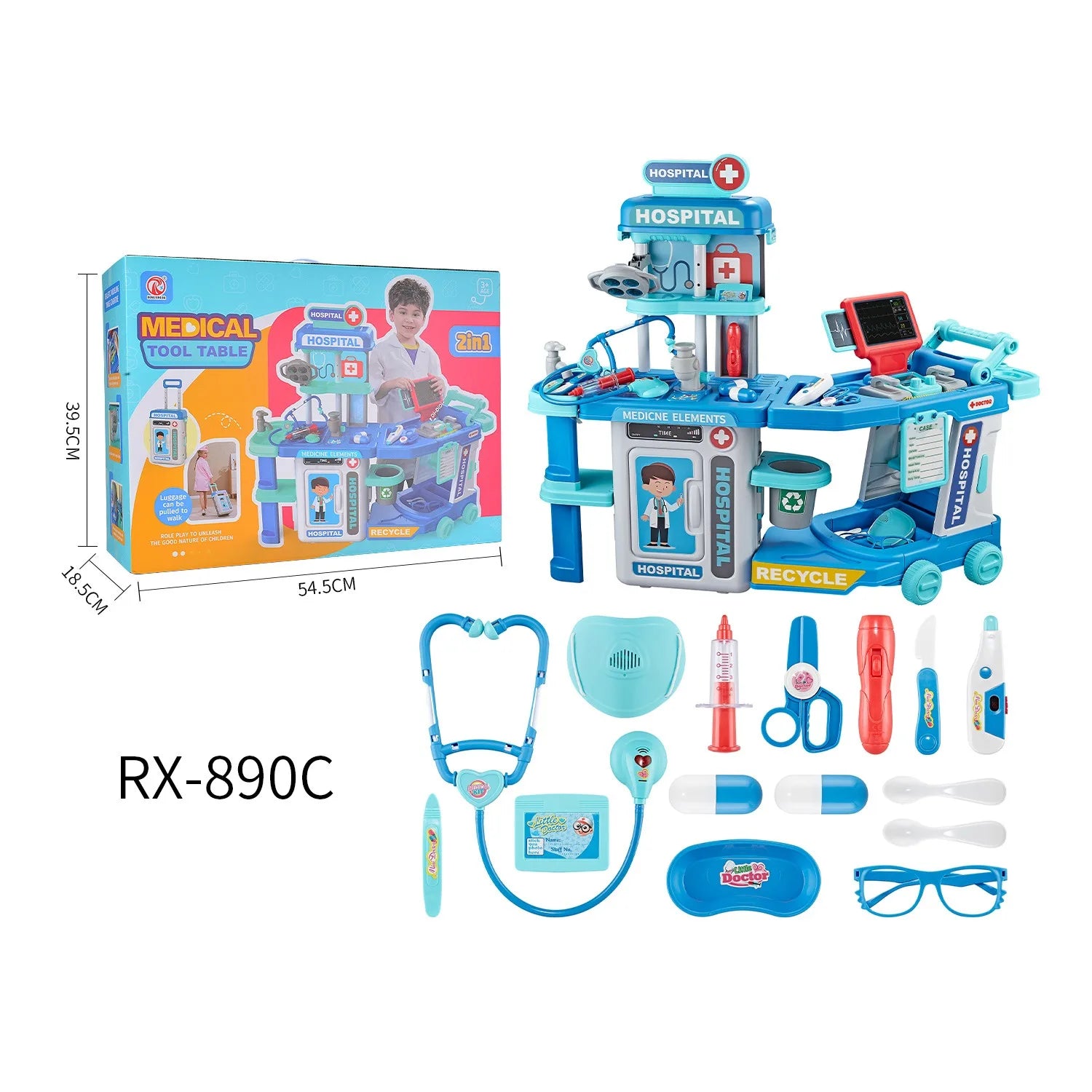 KTX-164307 Kids Doctor Kit with Cart - Role Play Toy for Ages 2-13, Plastic Medical Pretend Play Set