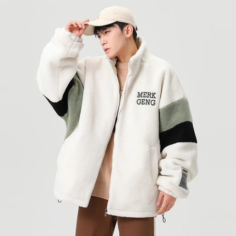 KTX-603667 Men's Large Size Warm Cotton Jacket With Winter Stand-Up Collar 550g Lamb Wool Contrasting Zipper Closure Clothing