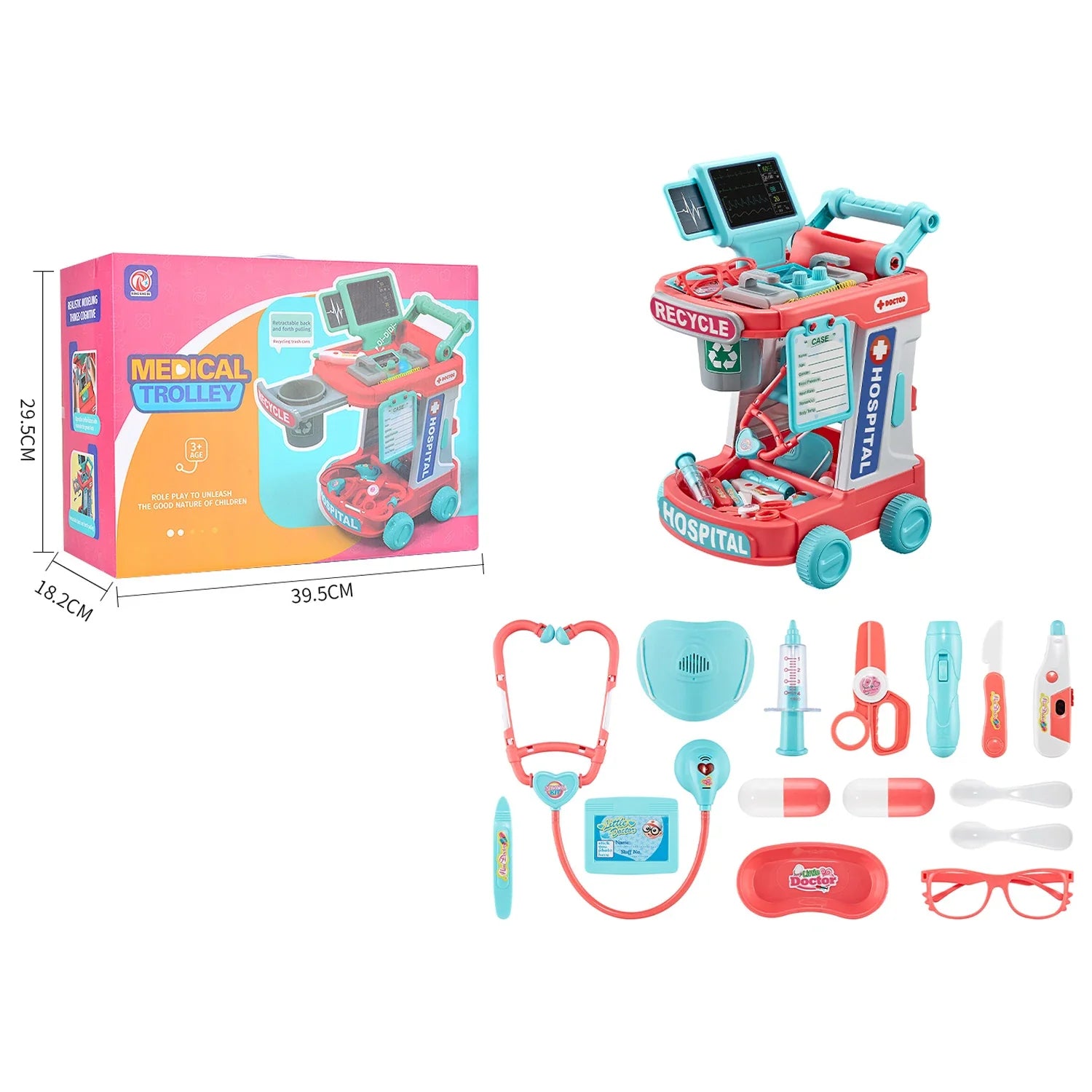 KTX-229843 Kids Doctor Play Set - Pretend Play Medical Trolley for Ages 2 to 13 Years - Plastic Components