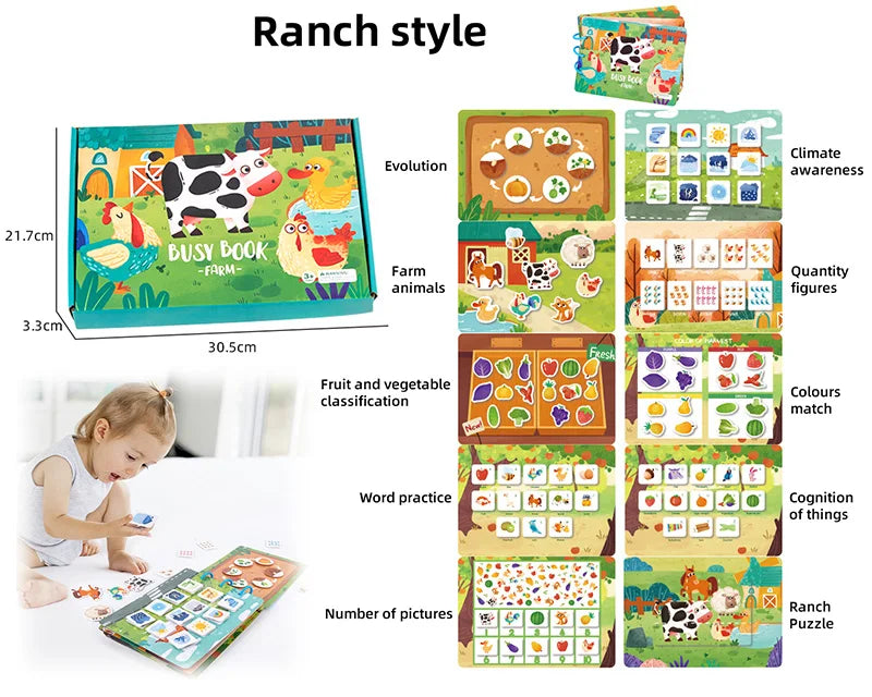 KTX-099923 Early Learning Montessori Busy Book for Toddlers, Activity Book with Farm Themes, Educational Interactive Toy