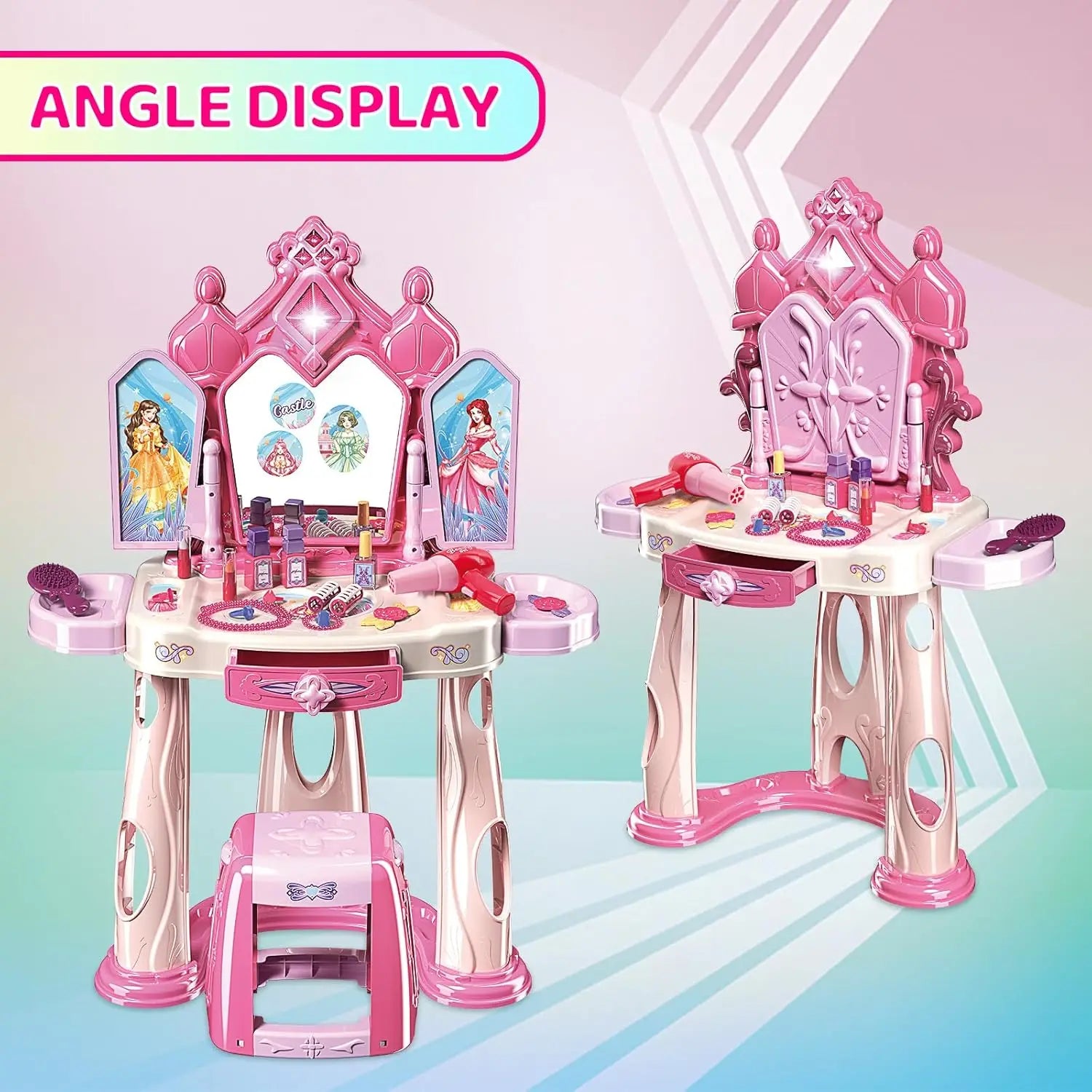 KTX-621907 Pretend Play Makeup Table Set for Girls with Lights, Music, and Openable Doors - Includes Stool