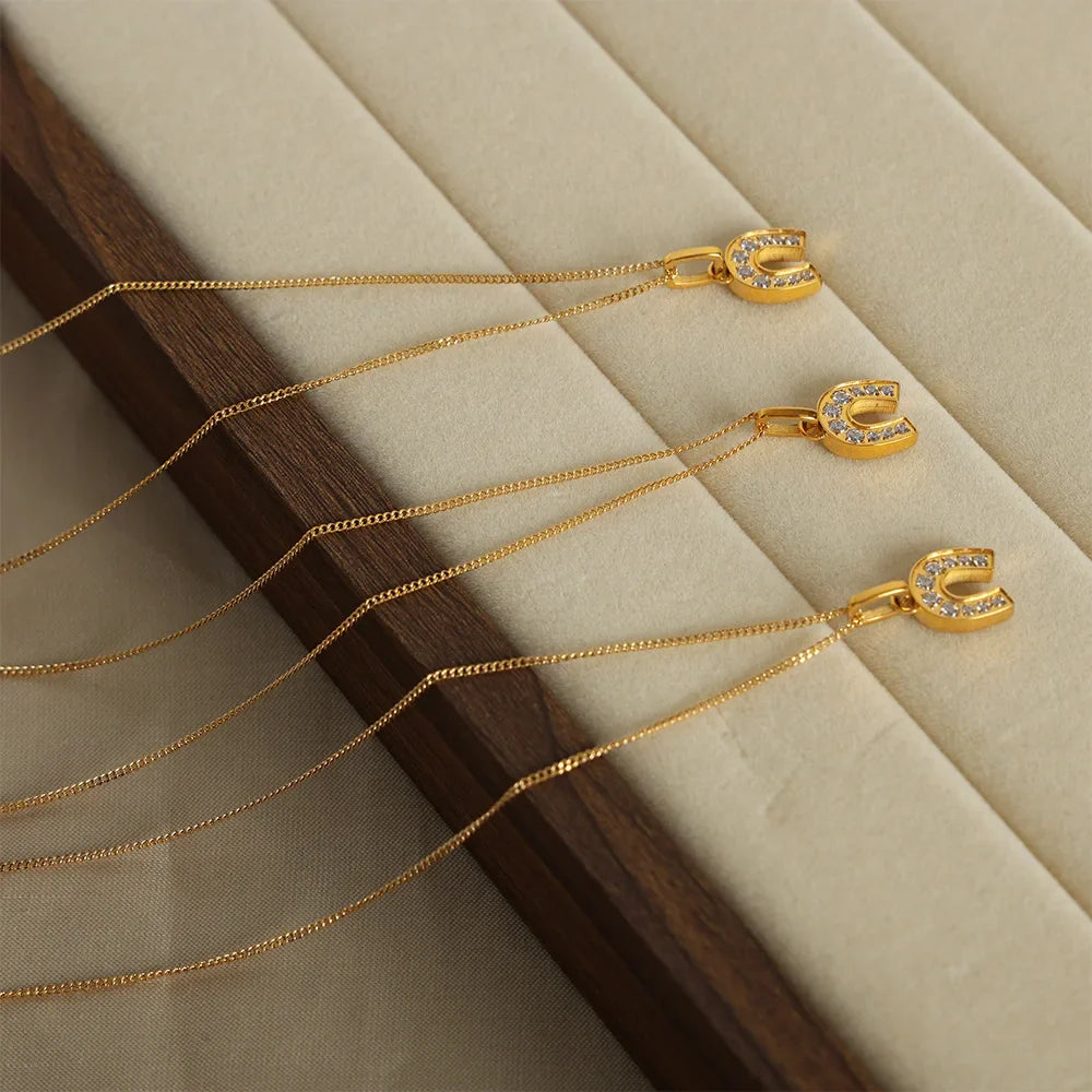 KTX-199251 18K Gold Plated Hypoallergenic Trendy Gold Plated Jewelry 2024 Fashion Cuban Link Chain Zircon Horseshoe Pendant Necklace