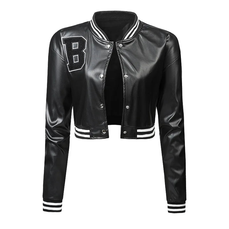 KTX-110995 Women's High-Waisted Cardigan Leather Jacket Slim Fit Baseball Style Custom Logo Embroidery Decoration Sporty Motorcycle Suit