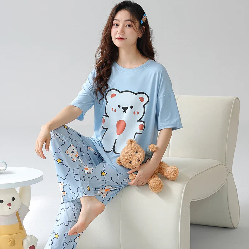 KTX-067027 New Thin Pajamas Casual Loose Short-sleeved Trousers Suit Summer Outerwear Cotton Home Service