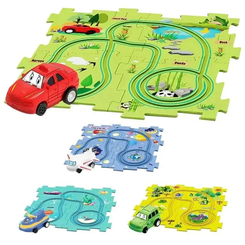 KTX-537875 DIY Electric Rail Car Puzzle Track Building Set for Kids - STEM Activity with 4 Themed Maze Plates