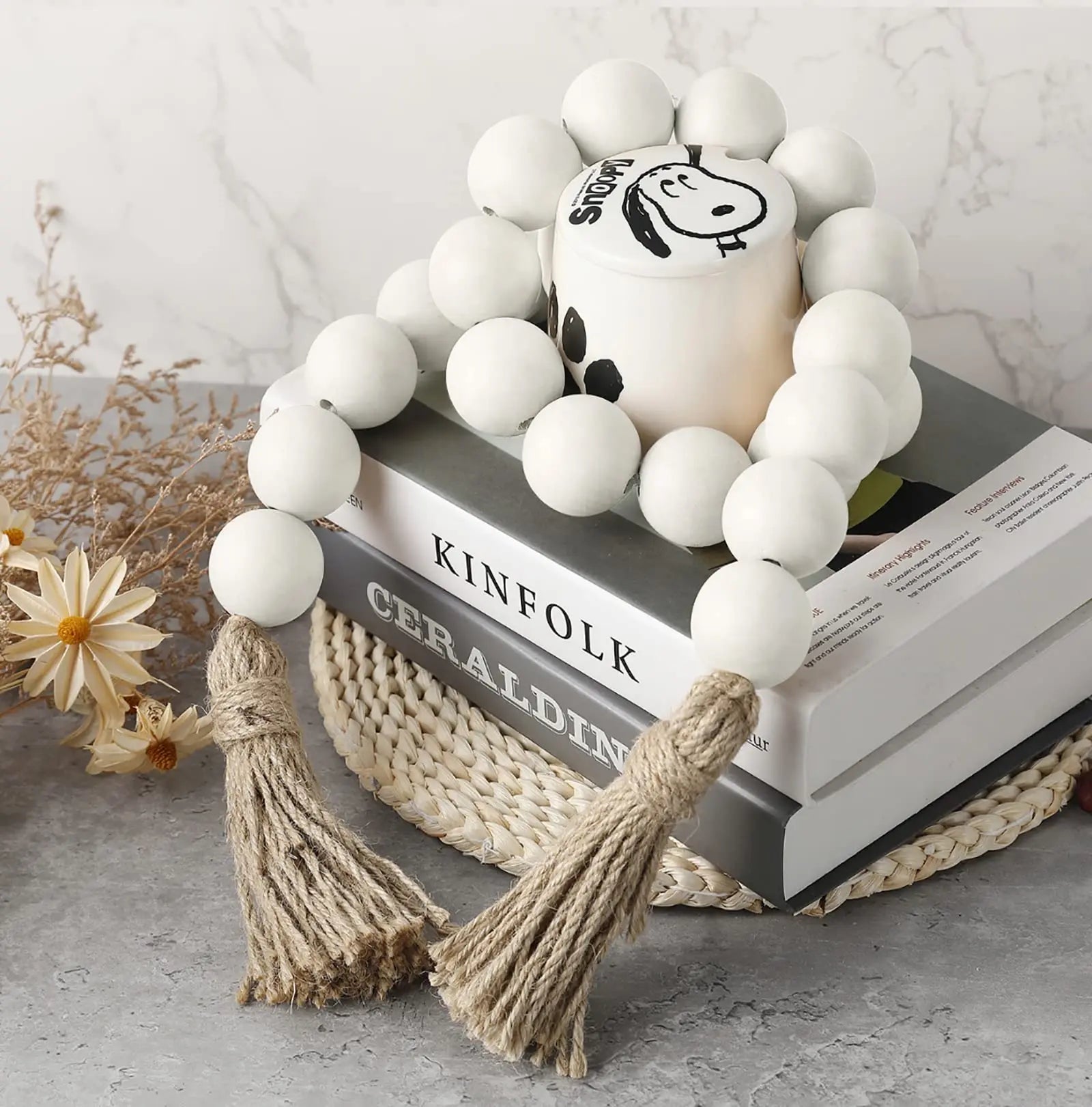 KTX-780051 Large Black and Natural Wood Bead Garland with 4cm Diameter Beads for Home Décor