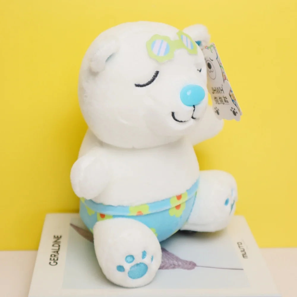 KTX-359699 Hugging Bear Plush Toy with Green Sunglasses and Blue Floral Shorts - Summer Edition