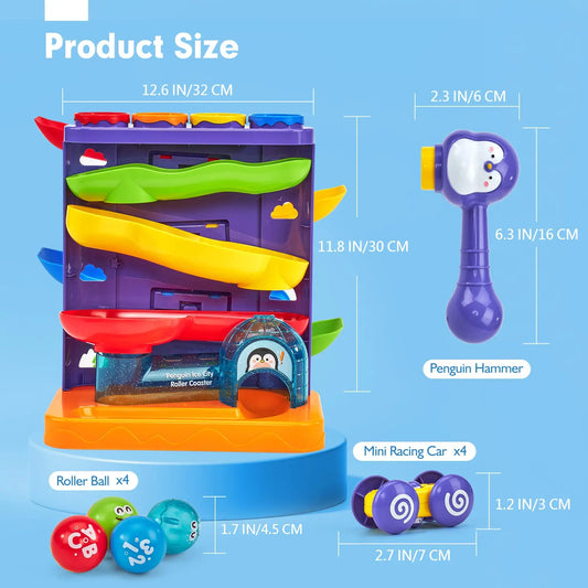 KTX-296531 2 in 1 Penguin Hammer Pounding Ball Ramp Toy for Kids, Educational Roller Coaster Play Set
