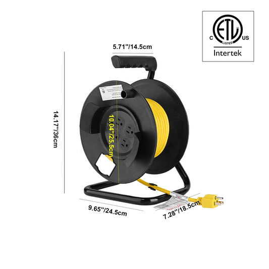 KTX-723027 Heavy Duty 25ft Extension Cord Reel with 4 Outlets and Circuit Breaker, 14/3 AWG SJTW