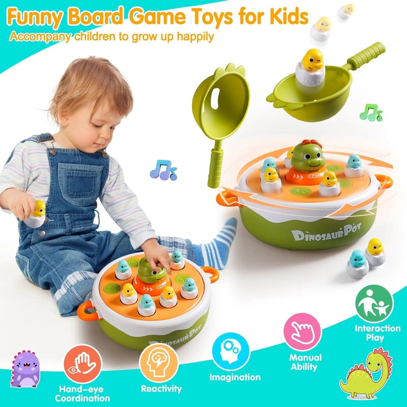 KTX-460371 Dinosaur 4 in 1 Pop Up Board Game for Kids - Electronic Musical Bouncing Turntable Fishing Fun