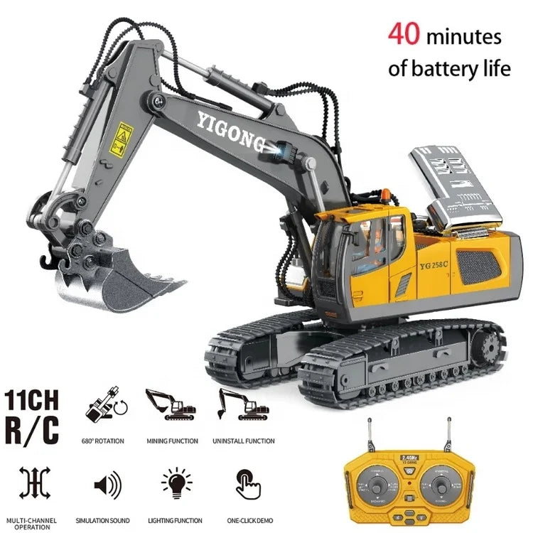 KTX-582163 1/24 Scale Remote Control Excavator with 11 Channels, Lights and Sounds, Rechargeable Battery