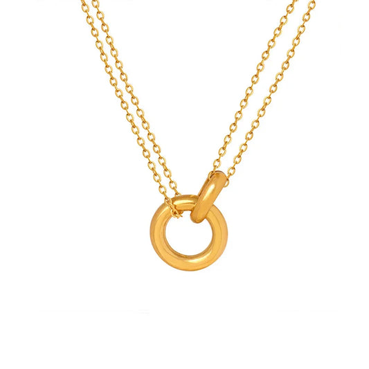 KTX-264787 Dainty 18k Gold Round Necklace Simple Double Circle Pendant Pure Gold Clasp Necklace Female