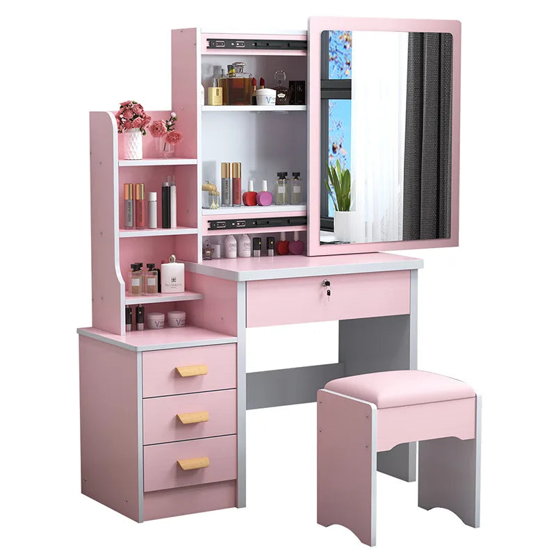 KTX-465171 Wooden Vanity Dressing Table Set with Cushioned Stool and Round Mirror