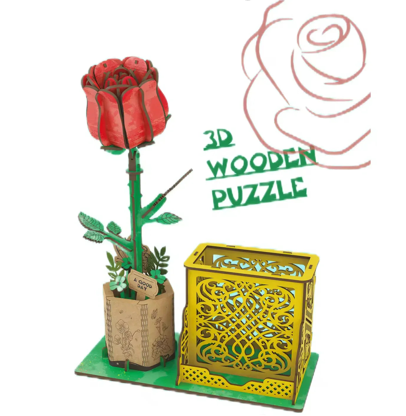 KTX-085267 3D Wooden Jigsaw Puzzle Flower Model Kit - Red Rose Educational Craft for Kids and Adults