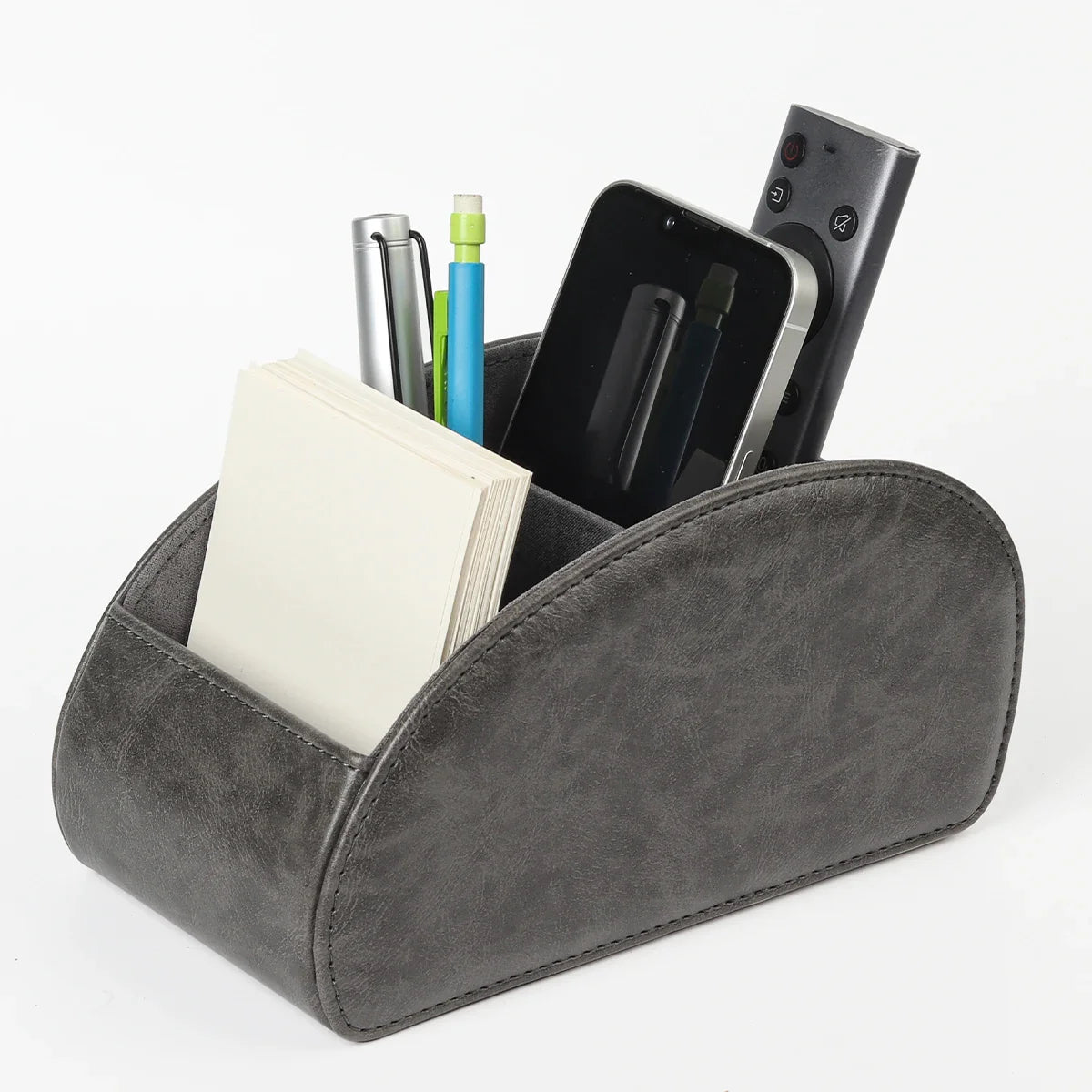 KTX-829715 Five-Compartment PU Leather Remote Control Holder for Organising and Desk Storage