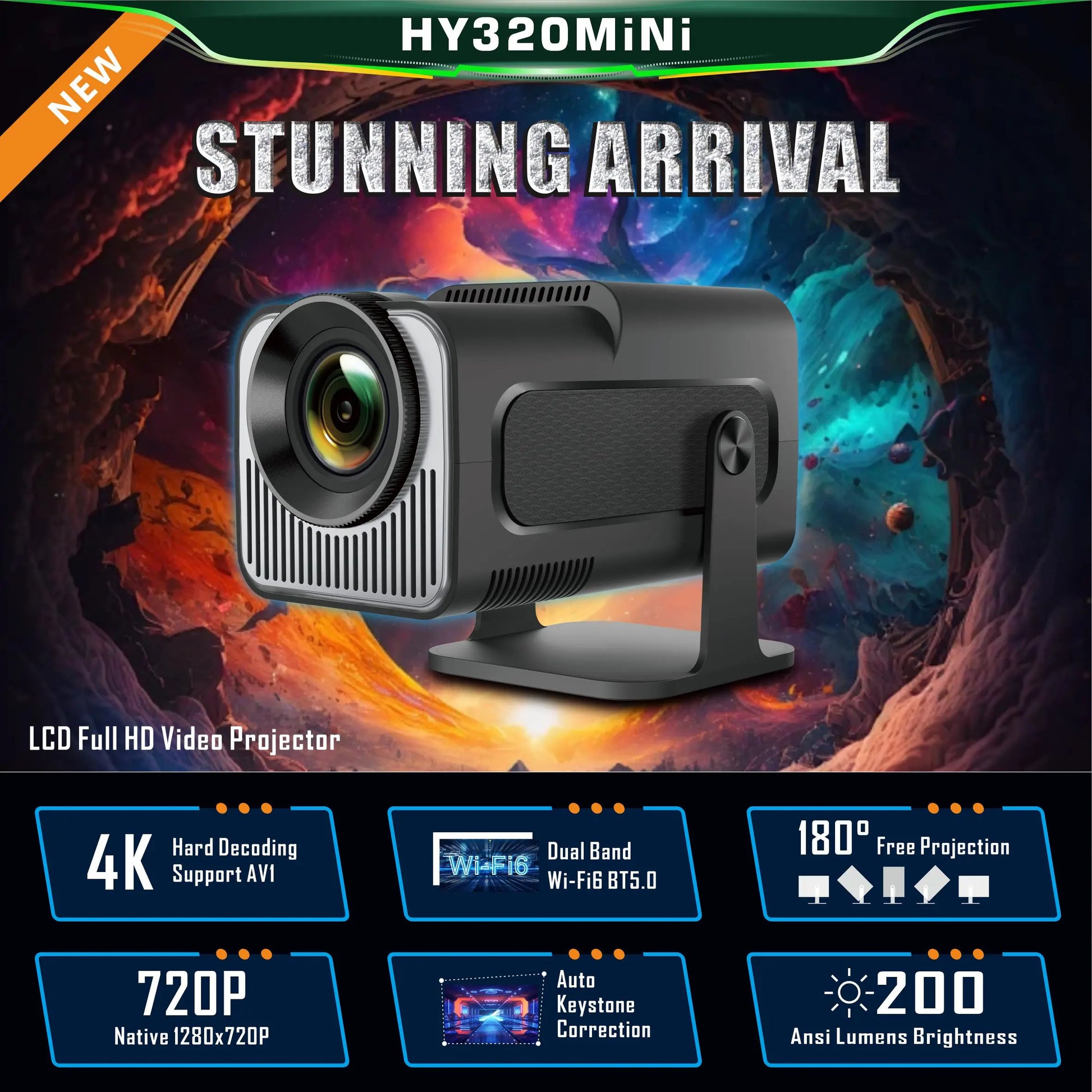 KTX-205971 Mini 4K Smart Projector with 150-Inch Screen, 1280x720p Resolution, Android 11, for Home and Outdoor Use