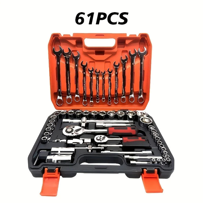 KTX-149011 61-Piece Chrome Vanadium Steel Manual Tool Kit for Automotive Repairs with Ratchet Socket Wrench Set
