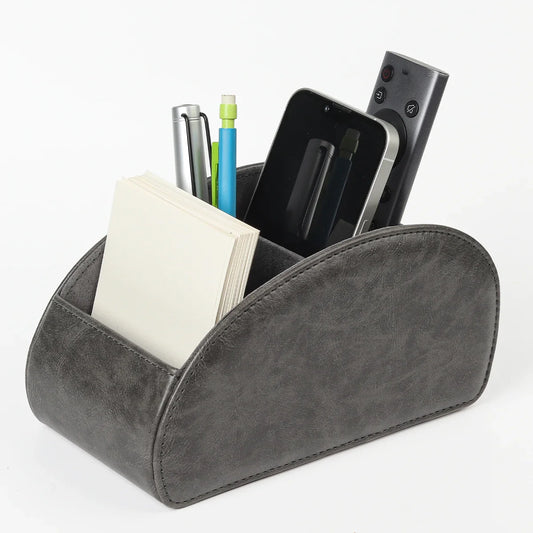 KTX-829715 Five-Compartment PU Leather Remote Control Holder for Organising and Desk Storage