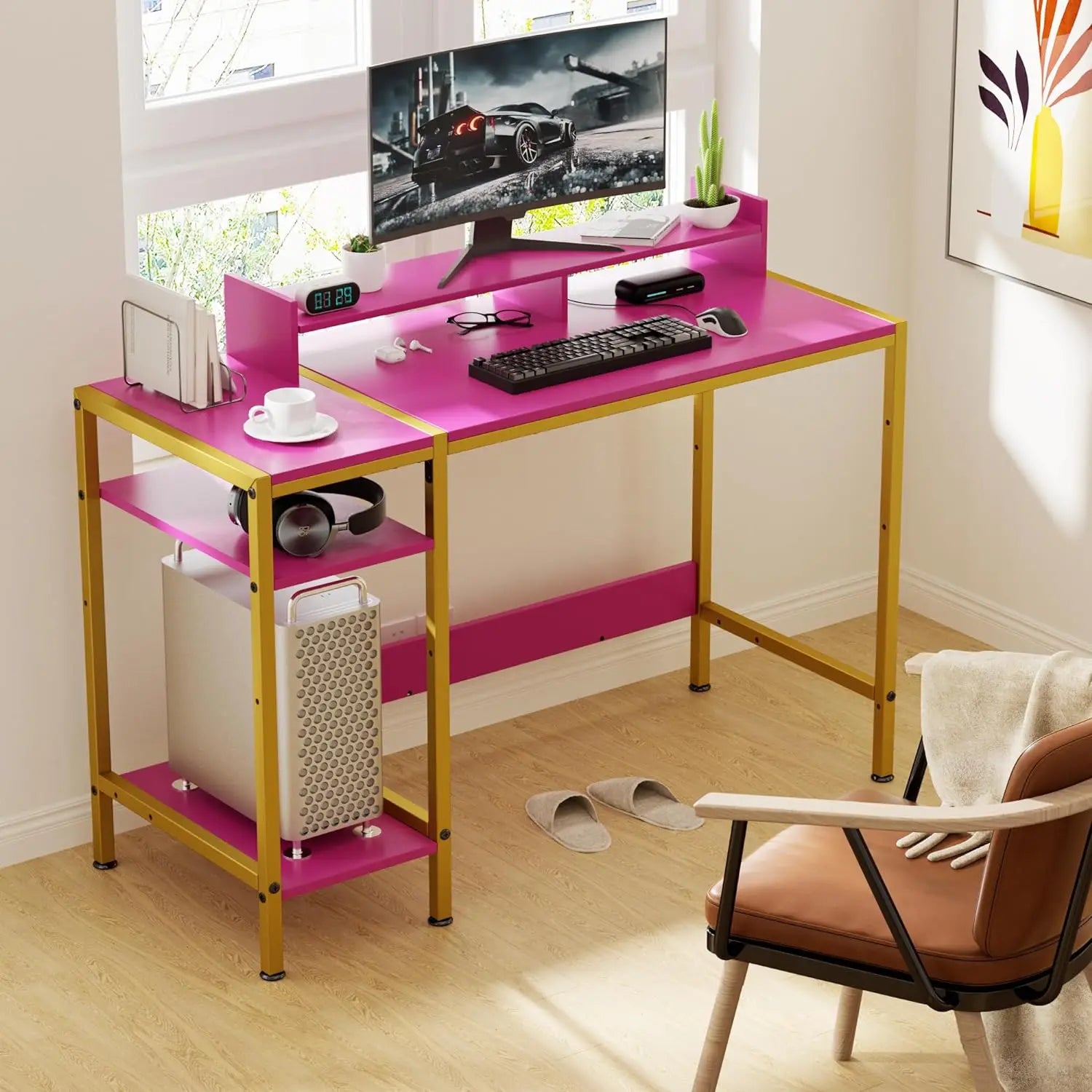 KTX-087763 Adjustable Gaming Computer Desk with Monitor Stand and Storage Solutions