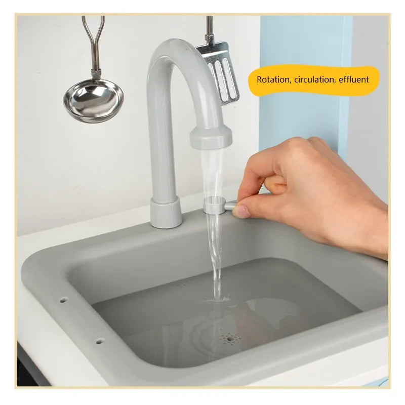 KTX-996947 Classic Blue Wooden Pretend Play Kitchen Toy Set with Simulated Water Faucet for Kids