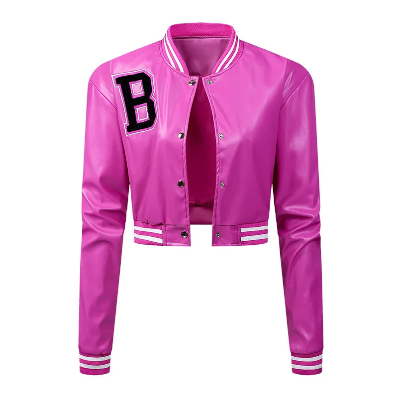 KTX-110995 Women's High-Waisted Cardigan Leather Jacket Slim Fit Baseball Style Custom Logo Embroidery Decoration Sporty Motorcycle Suit