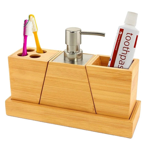 KTX-464723 Bamboo 4-Piece Bathroom Accessory Set with Soap Dispenser, Toothbrush Holder, and Tray