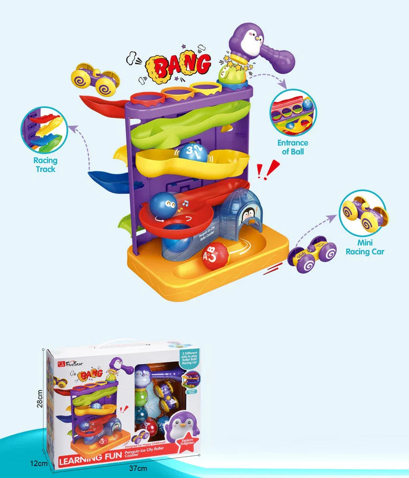KTX-296531 2 in 1 Penguin Hammer Pounding Ball Ramp Toy for Kids, Educational Roller Coaster Play Set