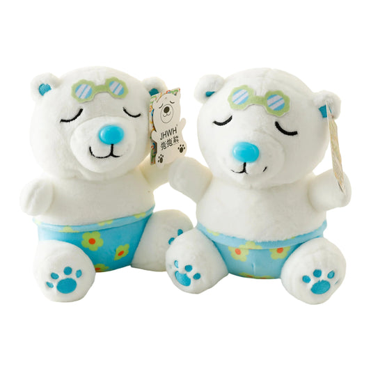 KTX-359699 Hugging Bear Plush Toy with Green Sunglasses and Blue Floral Shorts - Summer Edition
